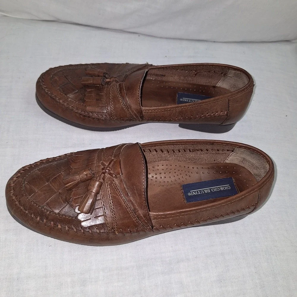 GIORGIO BRUTINI MENS SHOE 9 M WOVEN BARTELL‎ KILTED TASSEL LOAFER NWOB BROWN